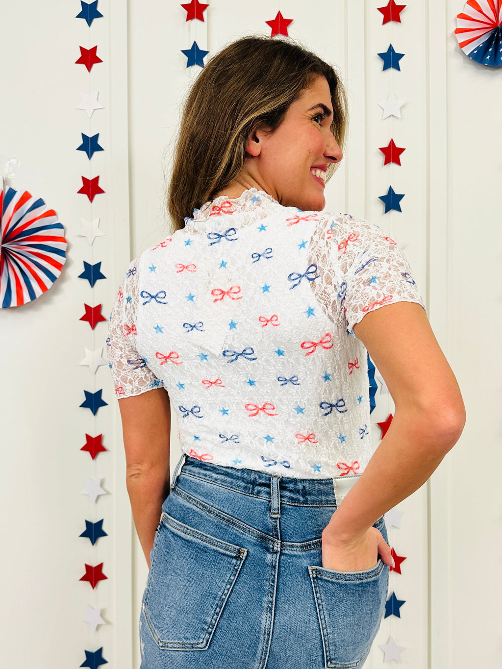 Red, White & Bows Top