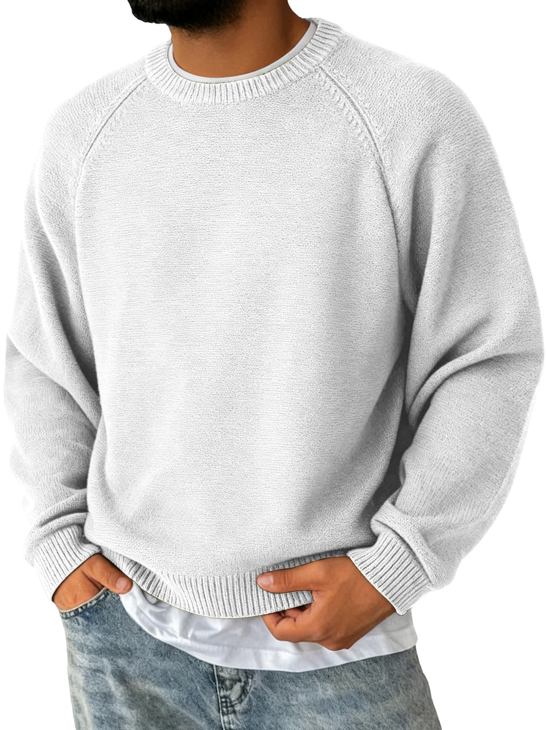 Men's Simple Round Neck Raglan Sleeve Casual Comfortable Sweater