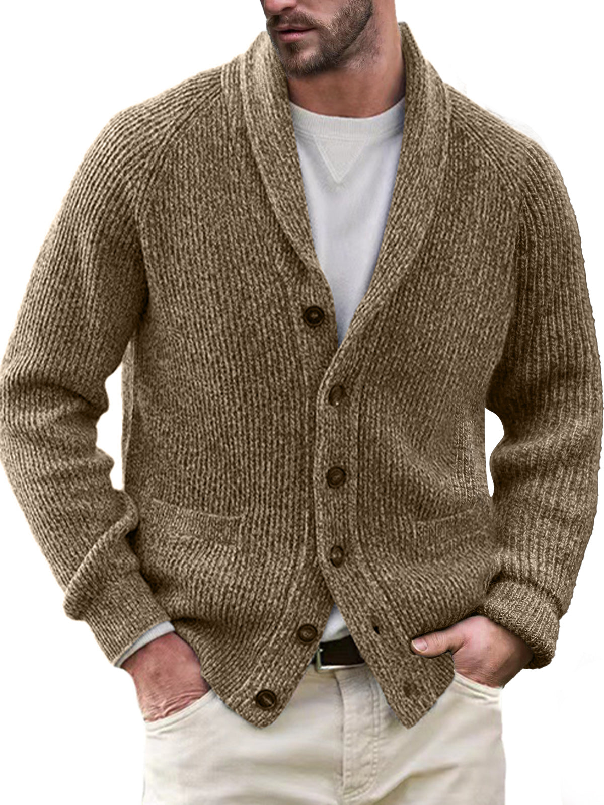 Men's Casual Lapel Solid Color Double Pocket Knitted Sweater Jacket