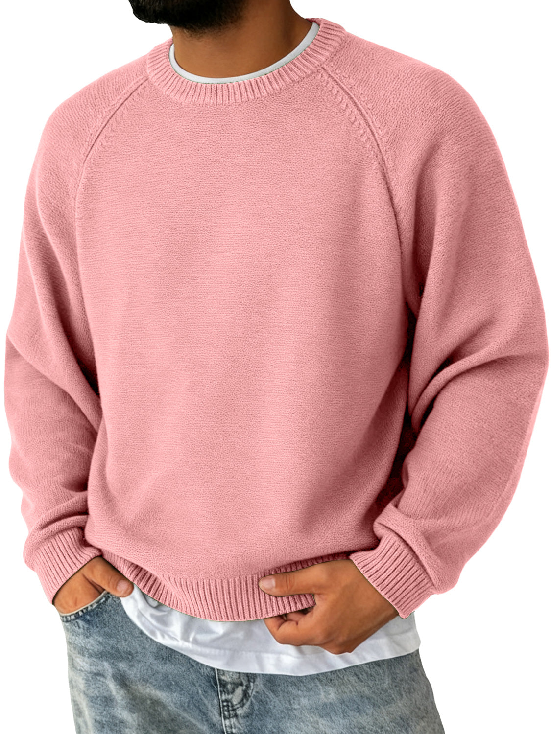 Men's Simple Round Neck Raglan Sleeve Casual Comfortable Sweater