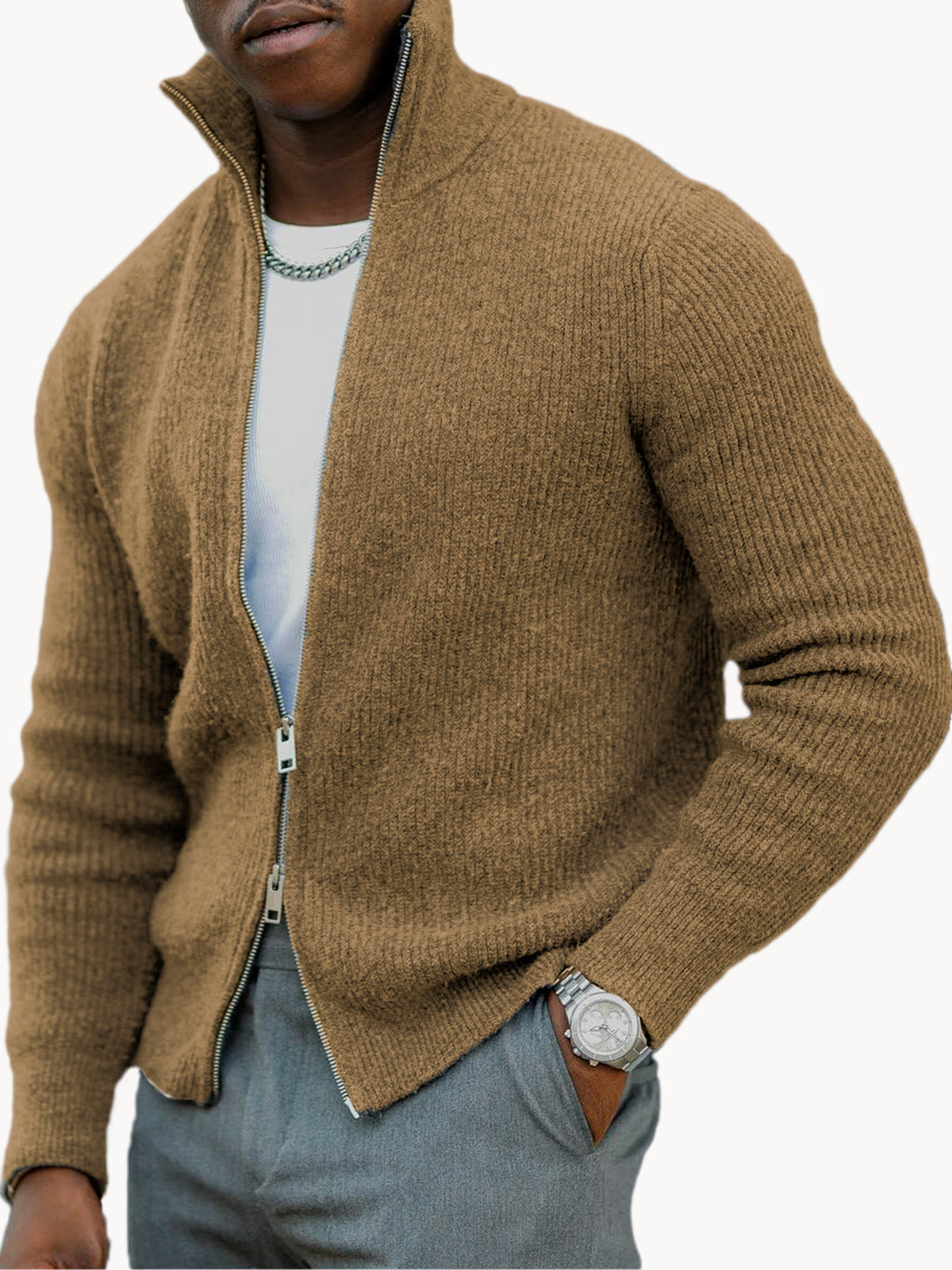 Men's Business Casual Double Zipper Sweater Warm Stand Collar Long Sleeve Sweater Jacket
