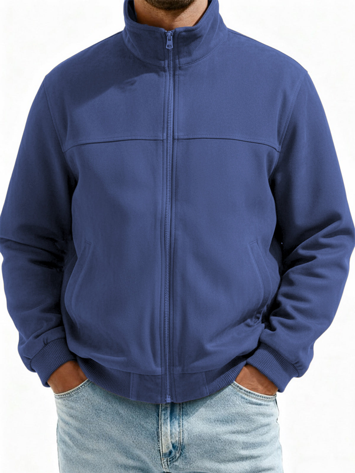 Men's Suede Zip-Up Flight Jacket with Minimalist Patchwork Design