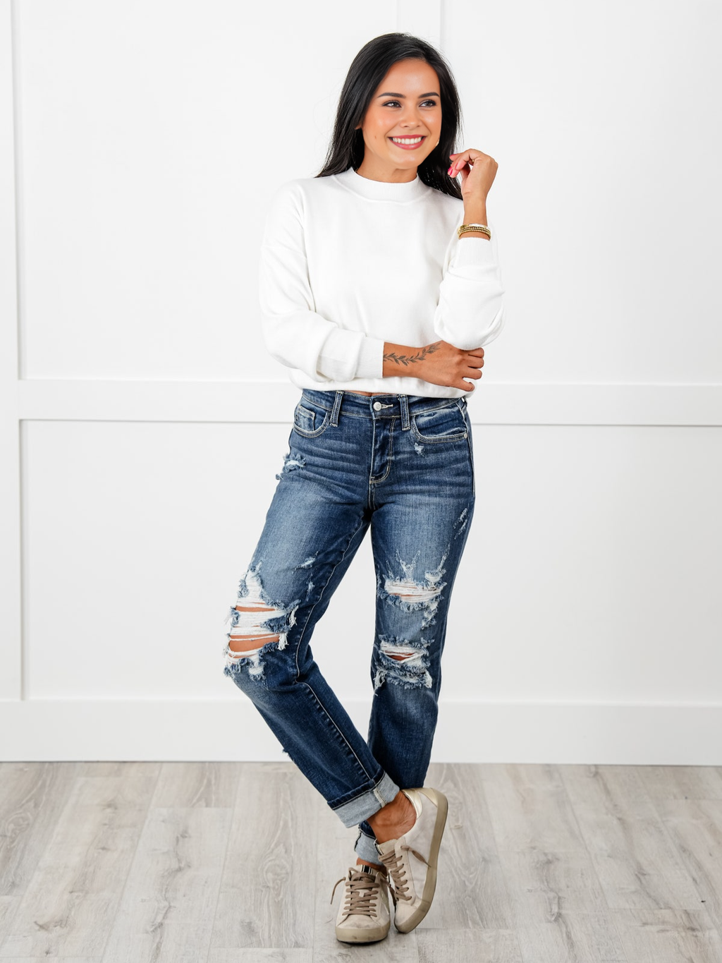 JUDY Tummy Control Distressed Cuffed Boyfriend Jeans (Buy 2 Free Shipping)