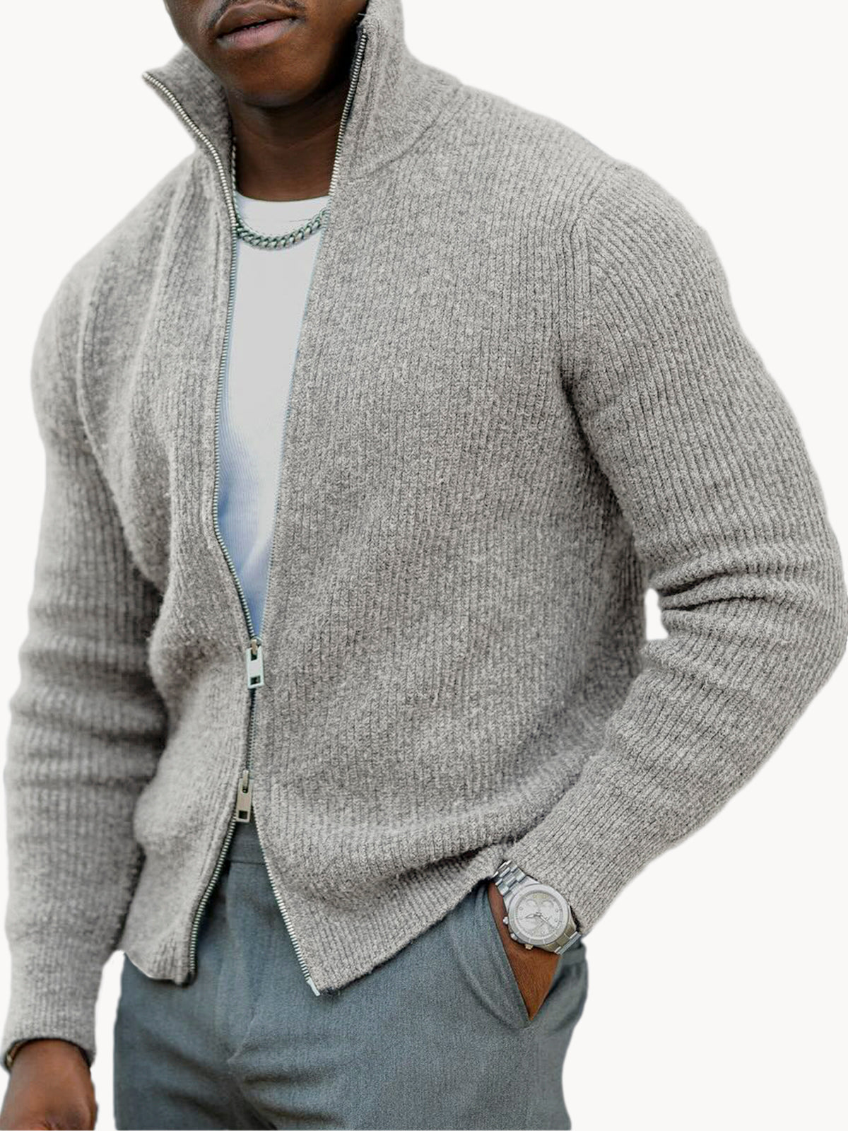 Men's Business Casual Double Zipper Sweater Warm Stand Collar Long Sleeve Sweater Jacket