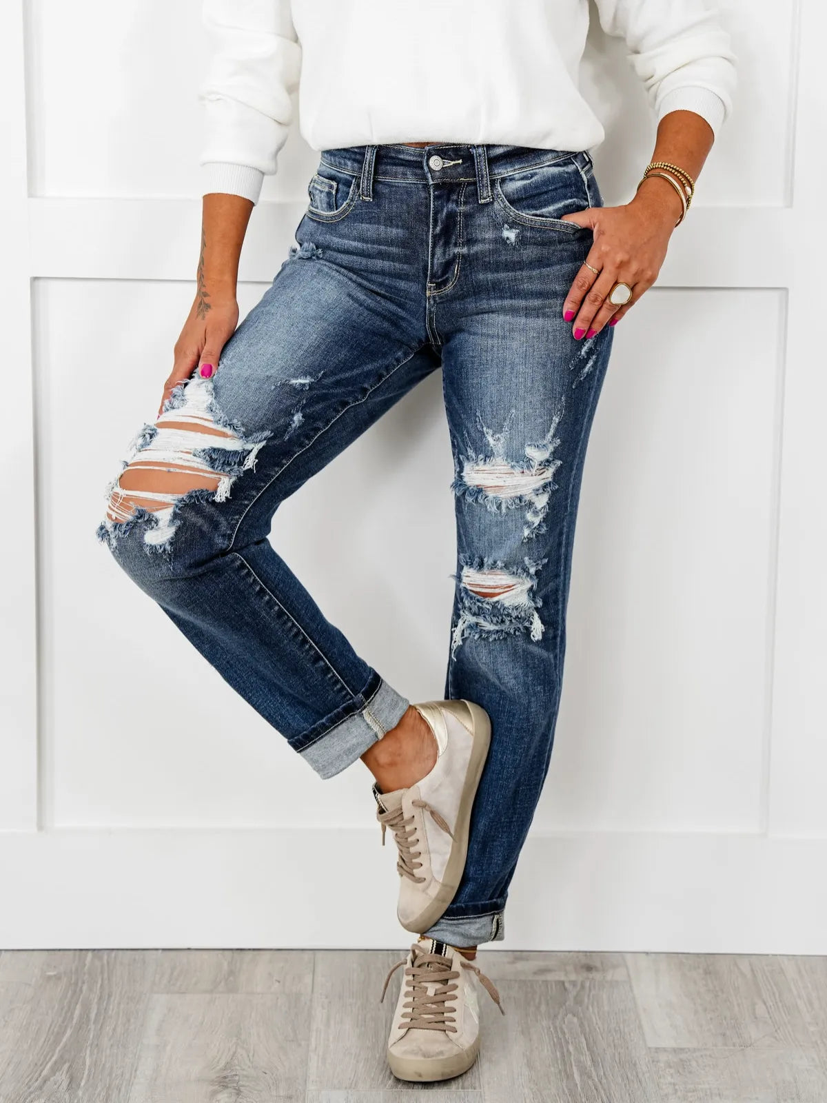 JUDY Tummy Control Distressed Cuffed Boyfriend Jeans (Buy 2 Free Shipping)