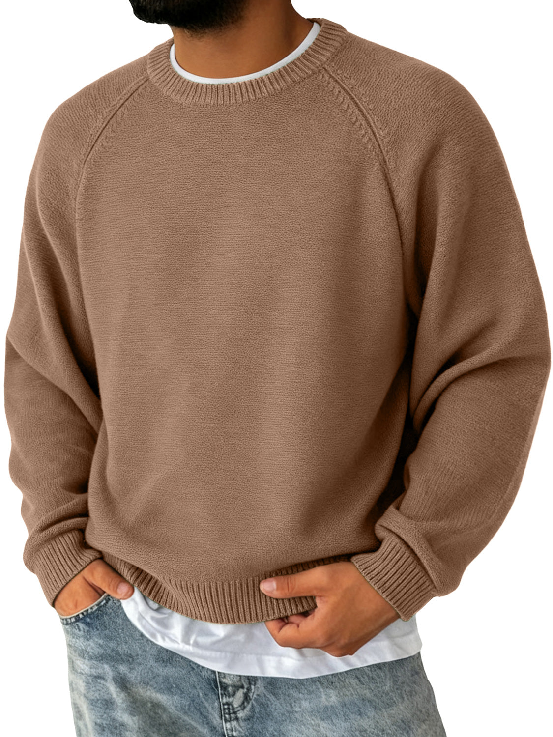 Men's Simple Round Neck Raglan Sleeve Casual Comfortable Sweater