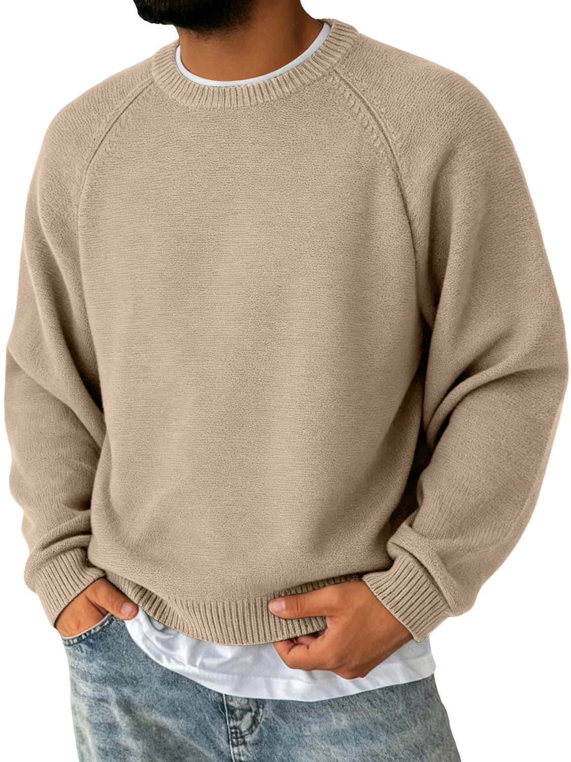 Men's Simple Round Neck Raglan Sleeve Casual Comfortable Sweater