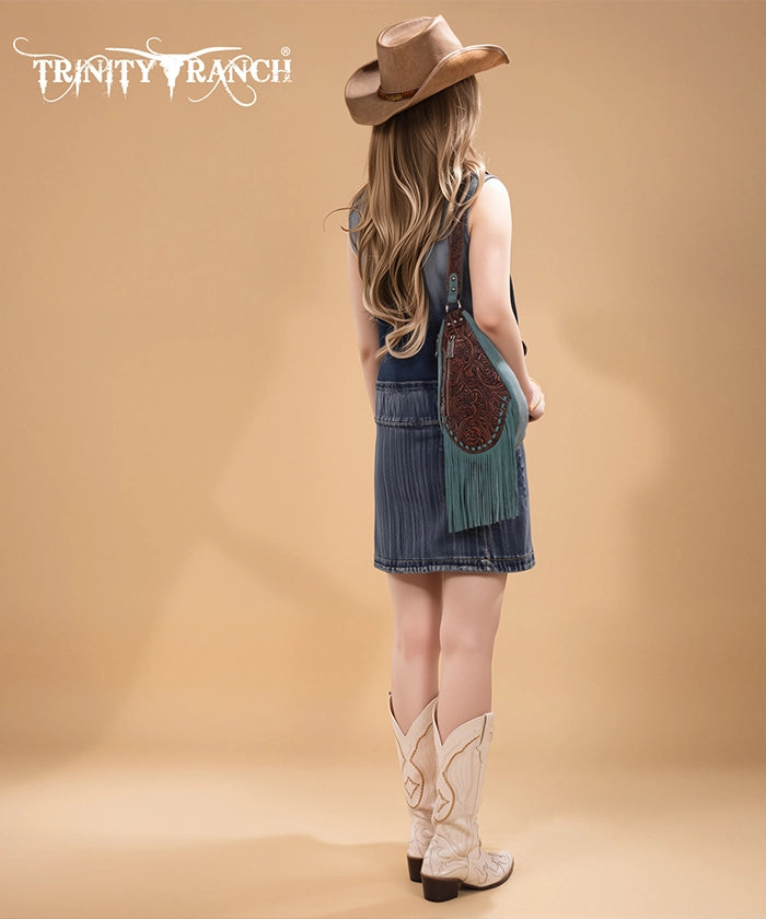 Trinity Ranch Tooled Fringe Crossbody Sling Bag