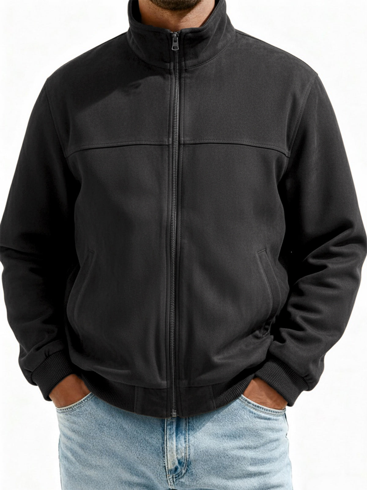 Men's Suede Zip-Up Flight Jacket with Minimalist Patchwork Design