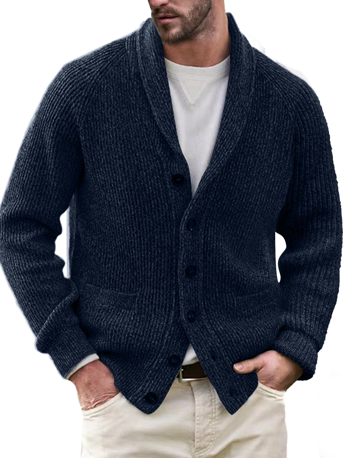 Men's Casual Lapel Solid Color Double Pocket Knitted Sweater Jacket