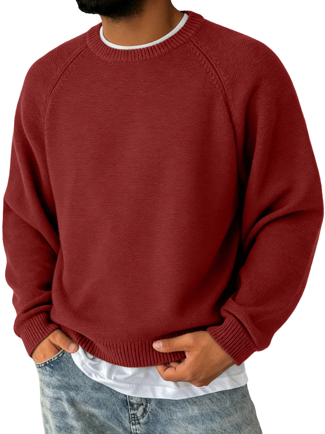 Men's Simple Round Neck Raglan Sleeve Casual Comfortable Sweater