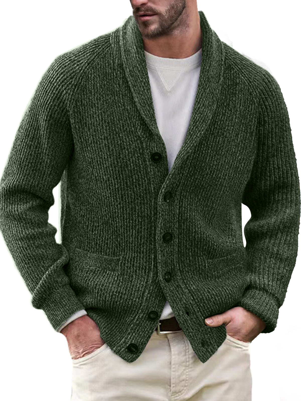Men's Casual Lapel Solid Color Double Pocket Knitted Sweater Jacket
