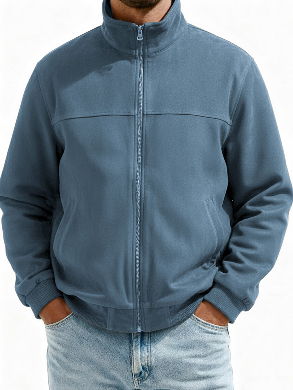Men's Suede Zip-Up Flight Jacket with Minimalist Patchwork Design