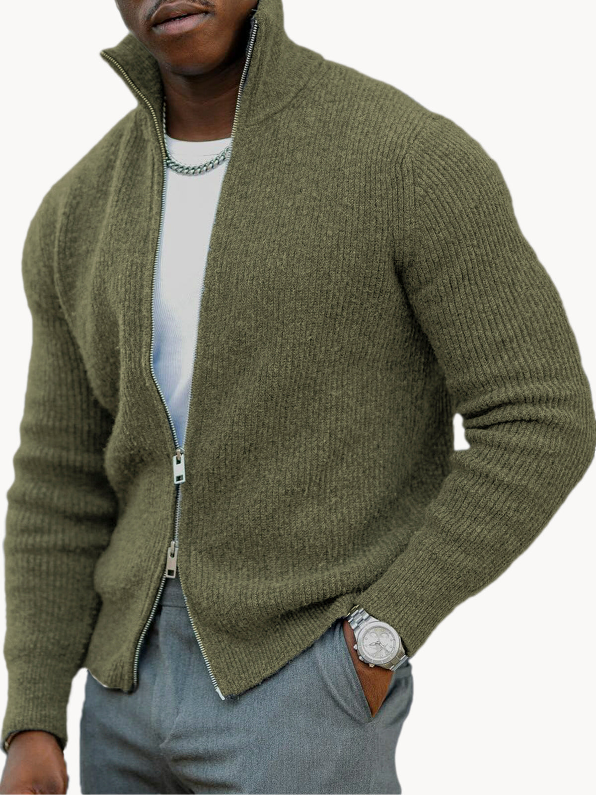 Men's Business Casual Double Zipper Sweater Warm Stand Collar Long Sleeve Sweater Jacket