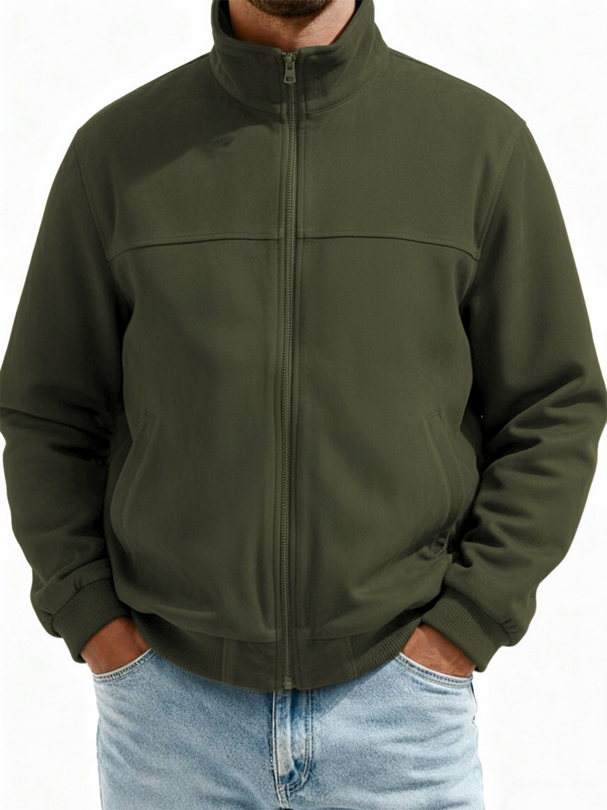 Men's Suede Zip-Up Flight Jacket with Minimalist Patchwork Design
