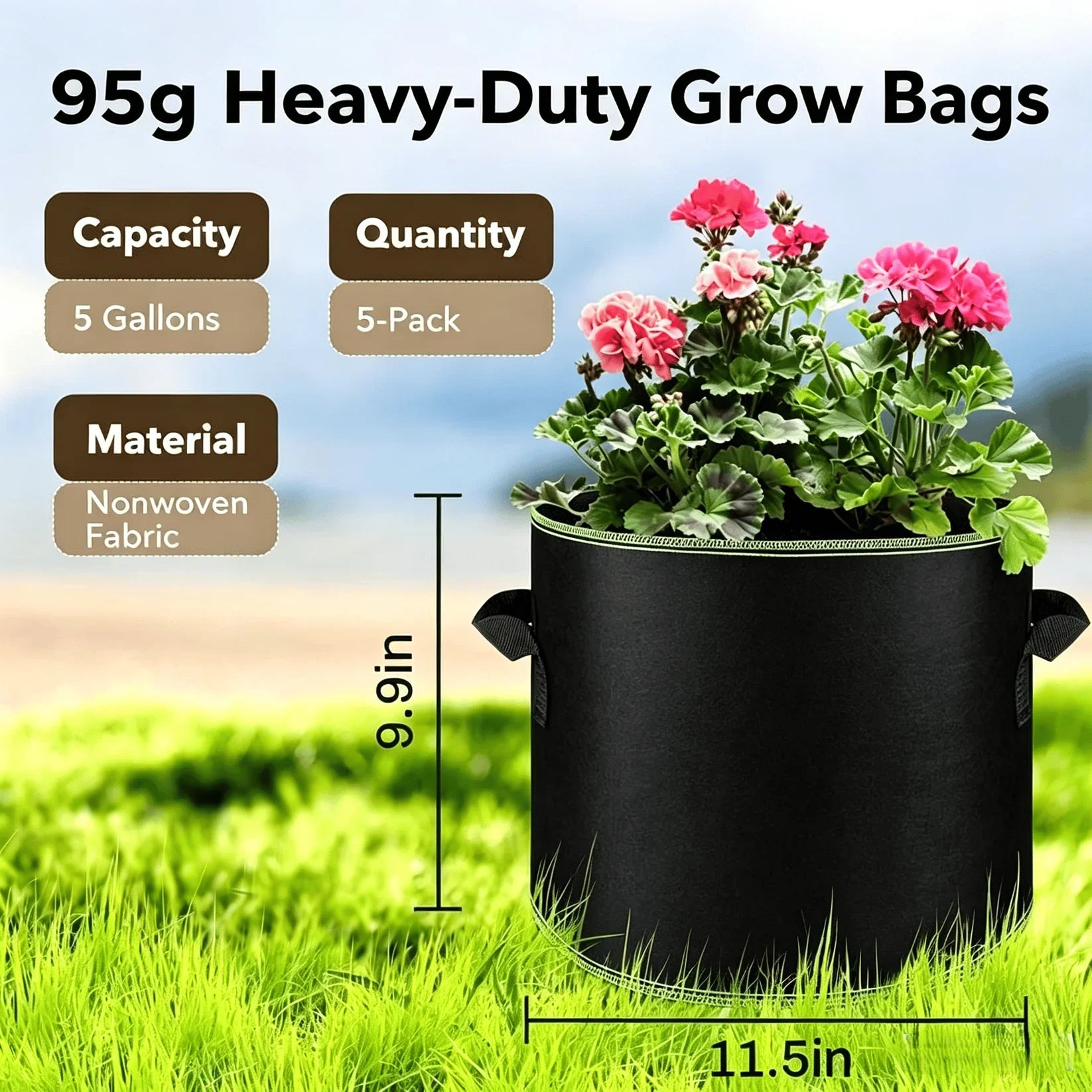 🌱5 Gallon Grow Bags - Heavy Duty Aeration Fabric Pots with Handles