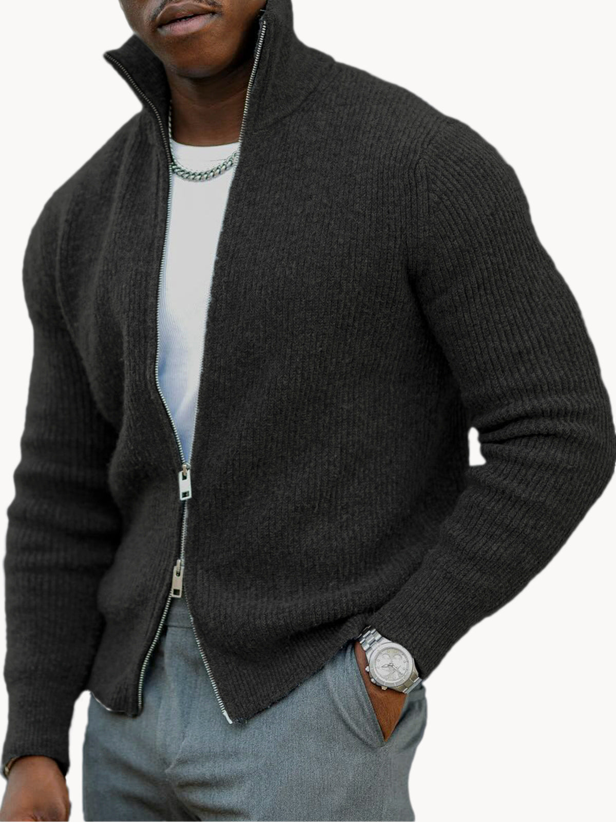 Men's Business Casual Double Zipper Sweater Warm Stand Collar Long Sleeve Sweater Jacket