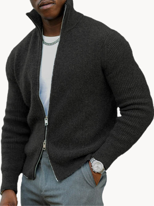 Men's Business Casual Double Zipper Sweater Warm Stand Collar Long Sleeve Sweater Jacket