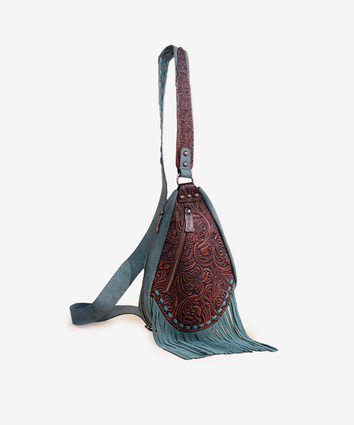 Trinity Ranch Tooled Fringe Crossbody Sling Bag
