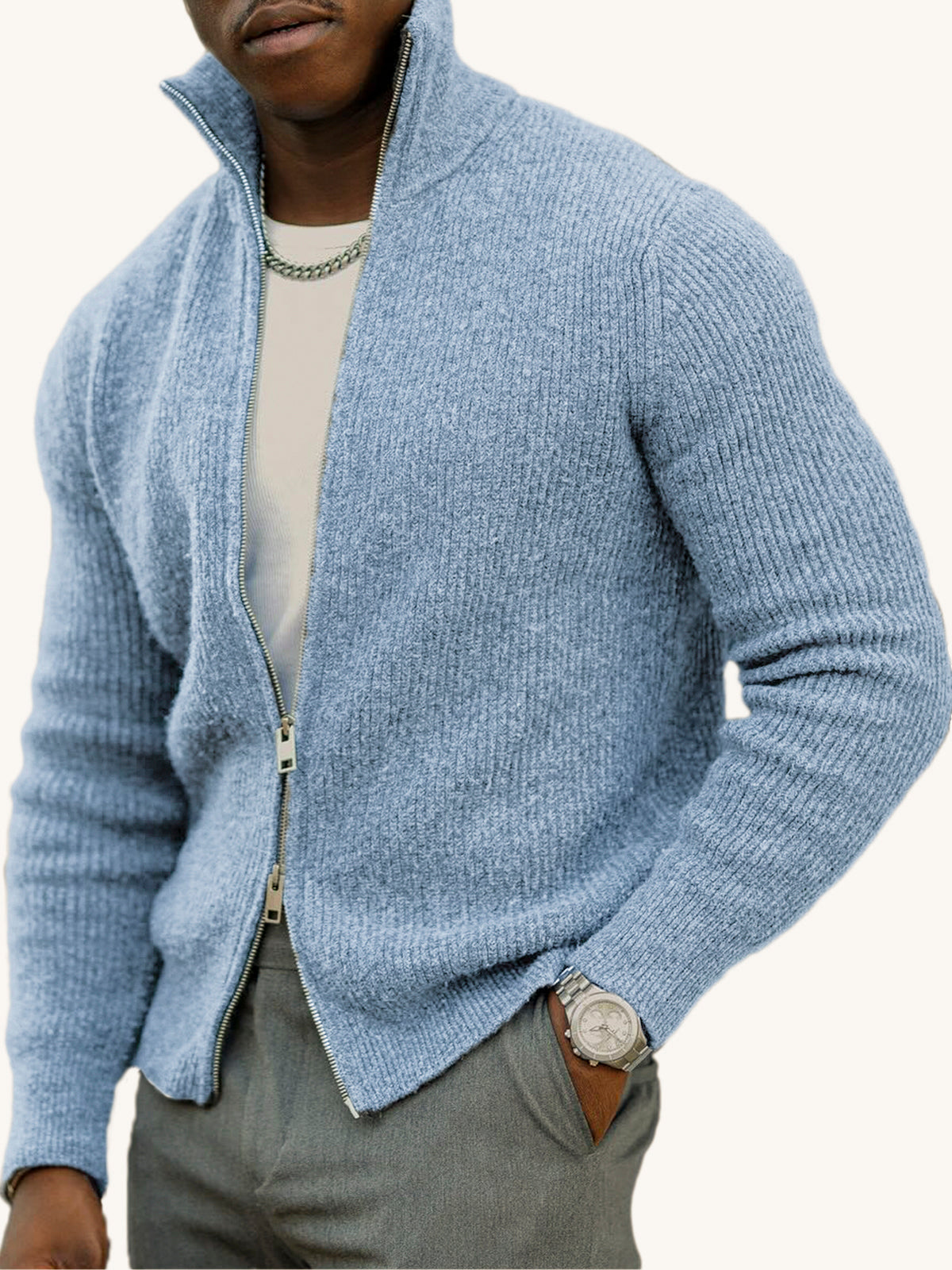 Men's Business Casual Double Zipper Sweater Warm Stand Collar Long Sleeve Sweater Jacket