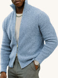 Men's Business Casual Double Zipper Sweater Warm Stand Collar Long Sleeve Sweater Jacket