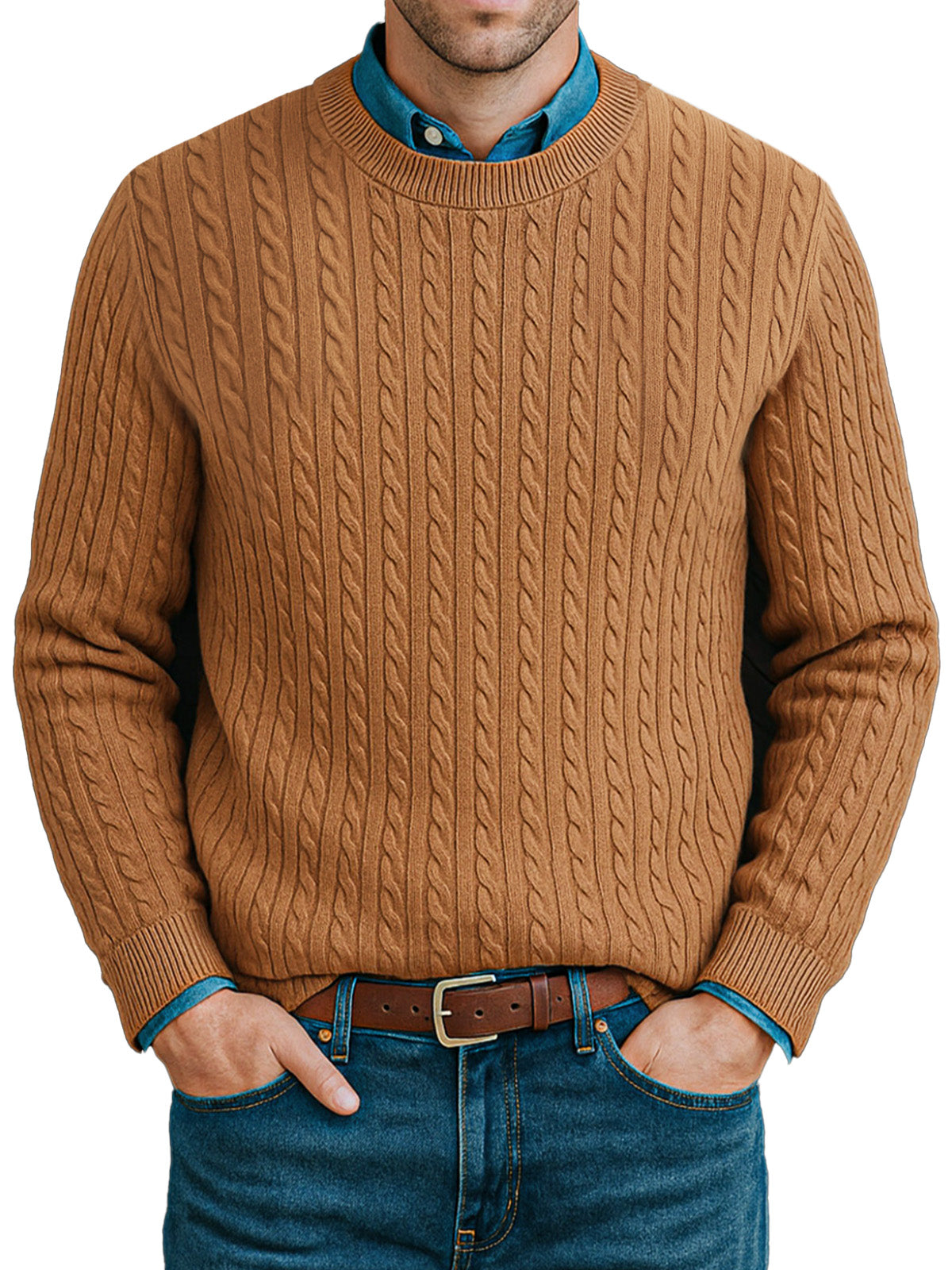 Men's Casual Twist Knitted Versatile Crew Neck Sweater
