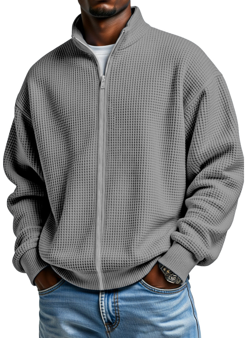 Men's Simple Solid Color Waffle Stand Collar Zipper Jacket