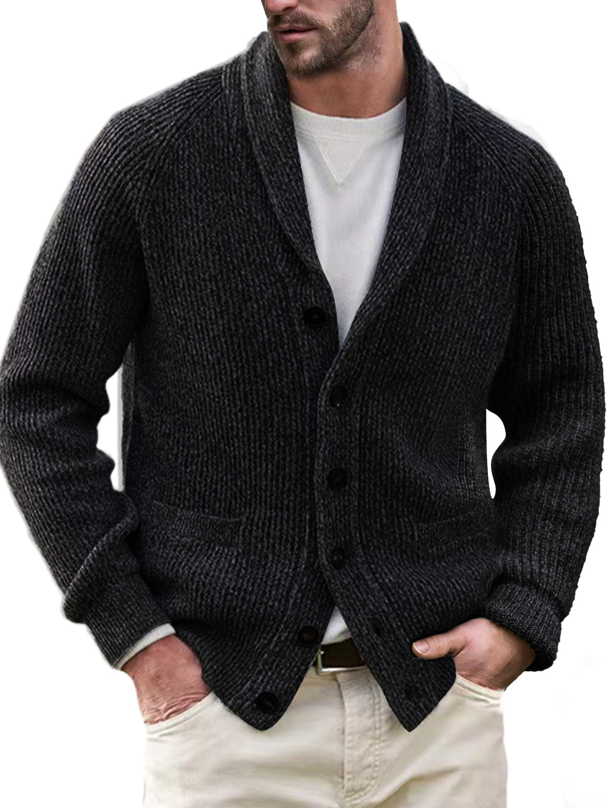 Men's Casual Lapel Solid Color Double Pocket Knitted Sweater Jacket
