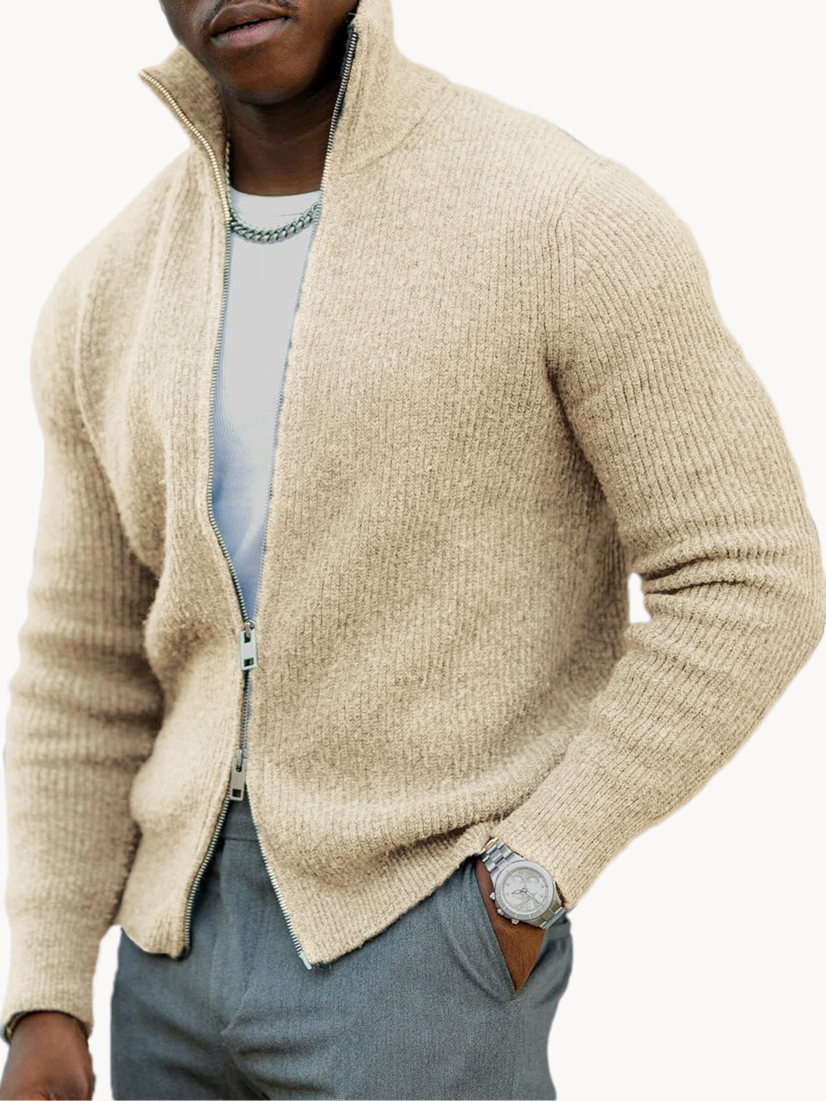 Men's Business Casual Double Zipper Sweater Warm Stand Collar Long Sleeve Sweater Jacket