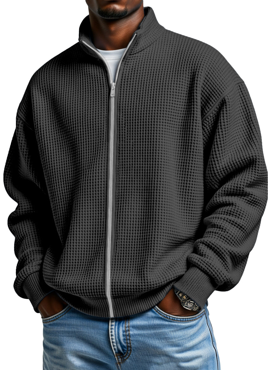 Men's Simple Solid Color Waffle Stand Collar Zipper Jacket