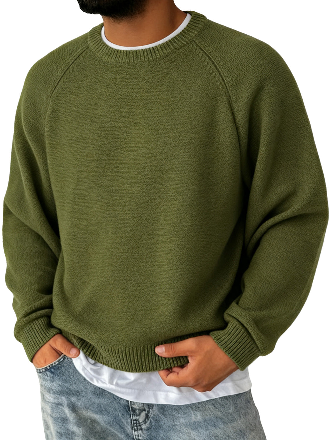 Men's Simple Round Neck Raglan Sleeve Casual Comfortable Sweater