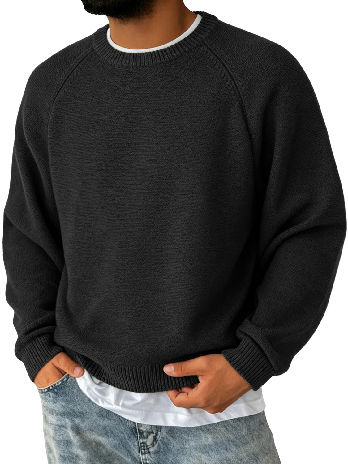 Men's Simple Round Neck Raglan Sleeve Casual Comfortable Sweater